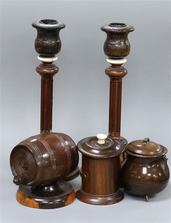 A pair of Victorian treen and ivory candlesticks, 21cm, two string boxes and a cauldron shaped match tidy